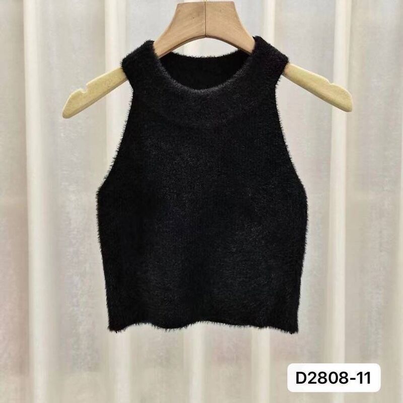 Sleeveless Hanging Neck Short Imitation Mink Wool Vest Women's Fall/Winter 2022 New Style Solid Color Knitted Top Trendy