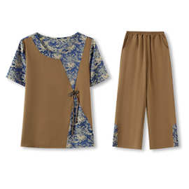 妈妈休闲短袖时尚套装中年女40岁圆领洋气质夏装新款中老年两件套