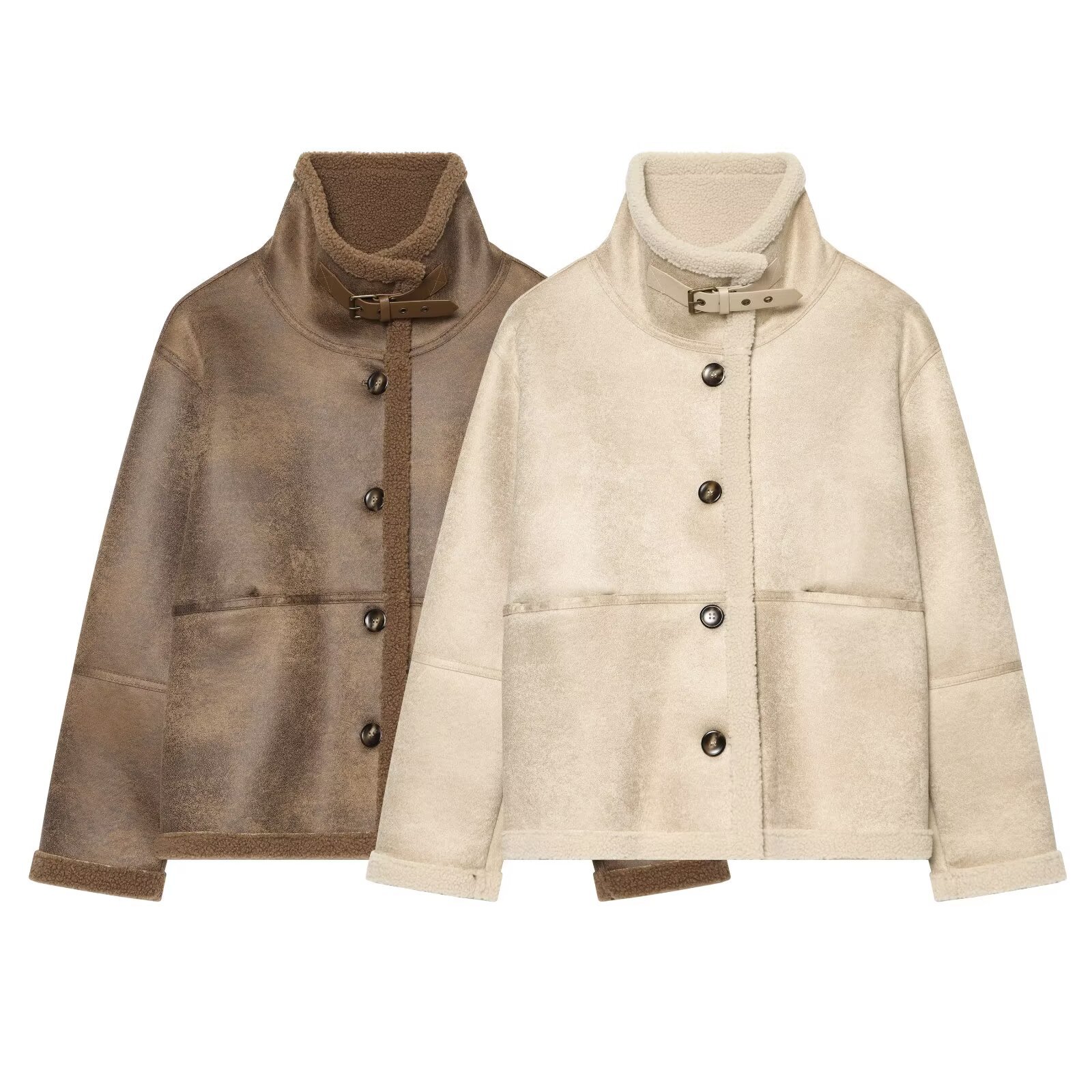 NSSF - Self-made - New cross-border export European and American women's fashion casual one-piece lamb wool stand collar coat