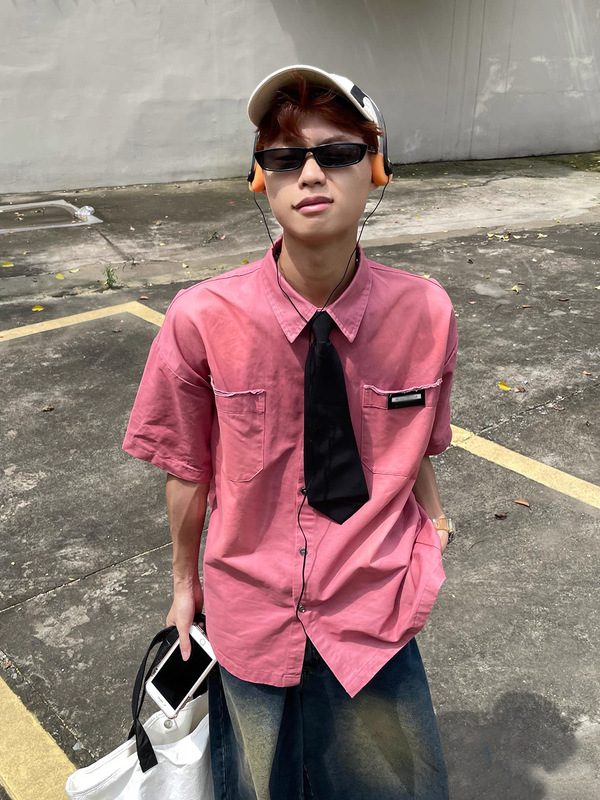 Dopamine Short-sleeved Denim Shirt Men's Summer New Retro Washed Shirt Tie Academic Style Half-sleeved Couple's Jacket