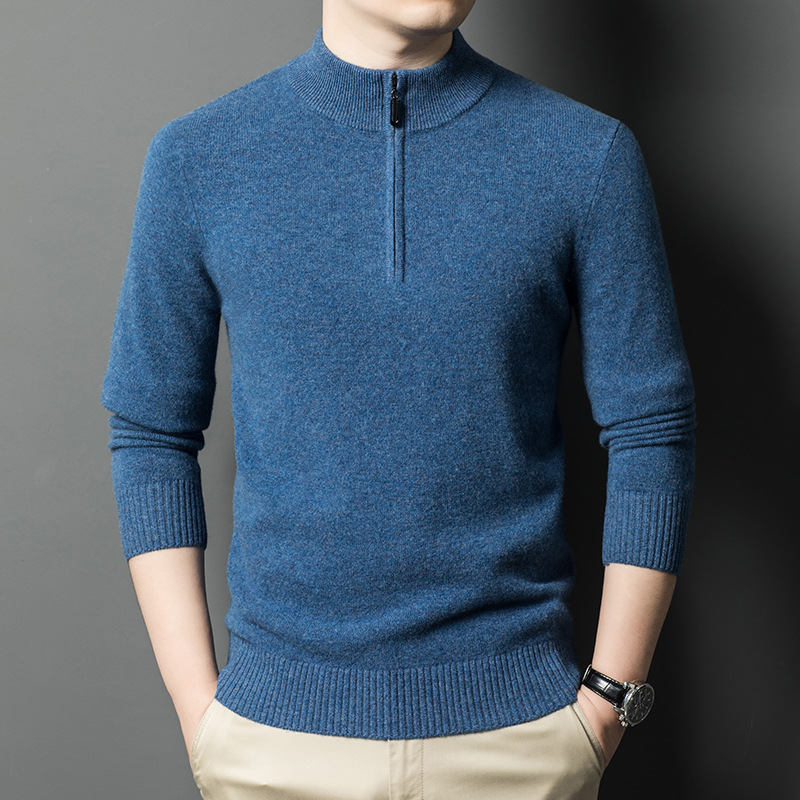 New Tommy Genuine Long-Sleeved Cashmere Sweater for Men, Autumn and Winter Style, Zipper Collar, Thickened Warm Sweater, Cashmere Base Layer