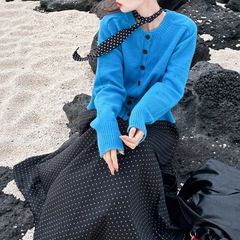 海边度假风温柔蓝色圆领宽松开衫毛衣女秋冬新款休闲显瘦针织上衣