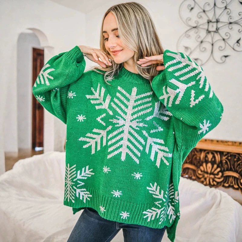 New Christmas tree and snowflake jacquard knit sweater, loose-fitting, round neck, warm, long-sleeved sweater