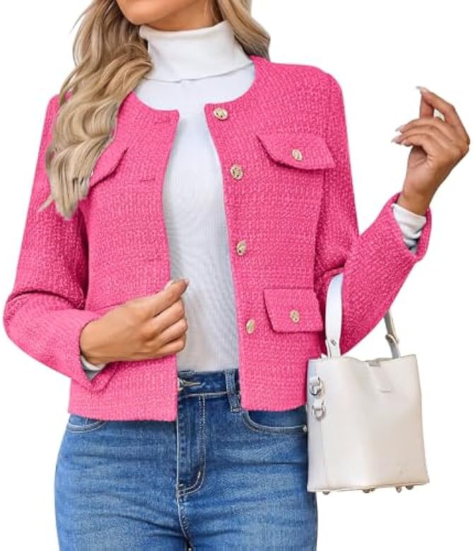 Chaqueta Corta de Tweed de Poliéster con Cuello Redondo y Botones para Trabajo image 10