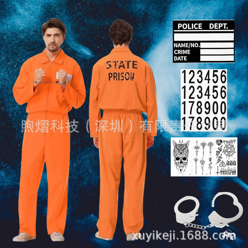 Cross Border Halloween cosplay Adult Prisoner Costume Jumpsuit Prisoner Costume suit Playing Costume Prison Uniform Cross Border Halloween cosplay Adult Prisoner Costume Jumpsuit Prisoner Costume suit Playing Costume Prison Uniform