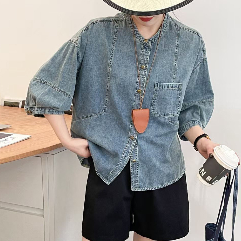 复古七分袖牛仔衬衫女2025春夏季新款休闲衬衣百搭显瘦小个子上衣
