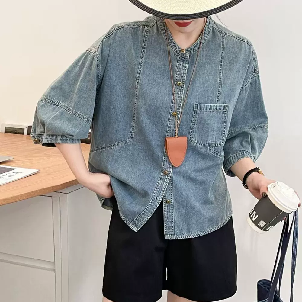 复古七分袖牛仔衬衫女2025春夏季新款休闲衬衣百搭显瘦小个子上衣
