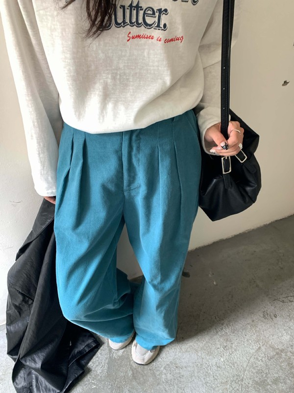 广州黄峥韩系湖蓝色裤子复古高腰显瘦灯芯绒直筒宽松休闲裤530806|undefined