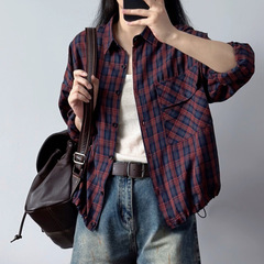 衬衣女款2025新款抽带长袖格子衬衫复古翻领外搭上衣外套女装
