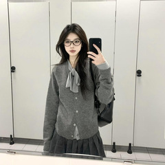 灰色穿搭假两件蝴蝶结针织衫上衣女开衫秋冬新款高级感毛衣外套