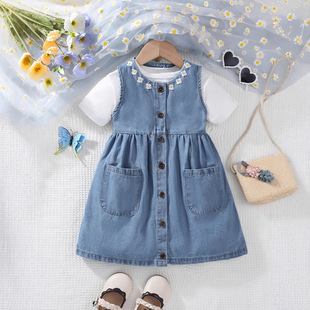 Cross-Border Summer Cute Trendy Casual Girls Suit Short-Sleeved Top T-Shirt Embroidered Denim Dress Two-Piece Set