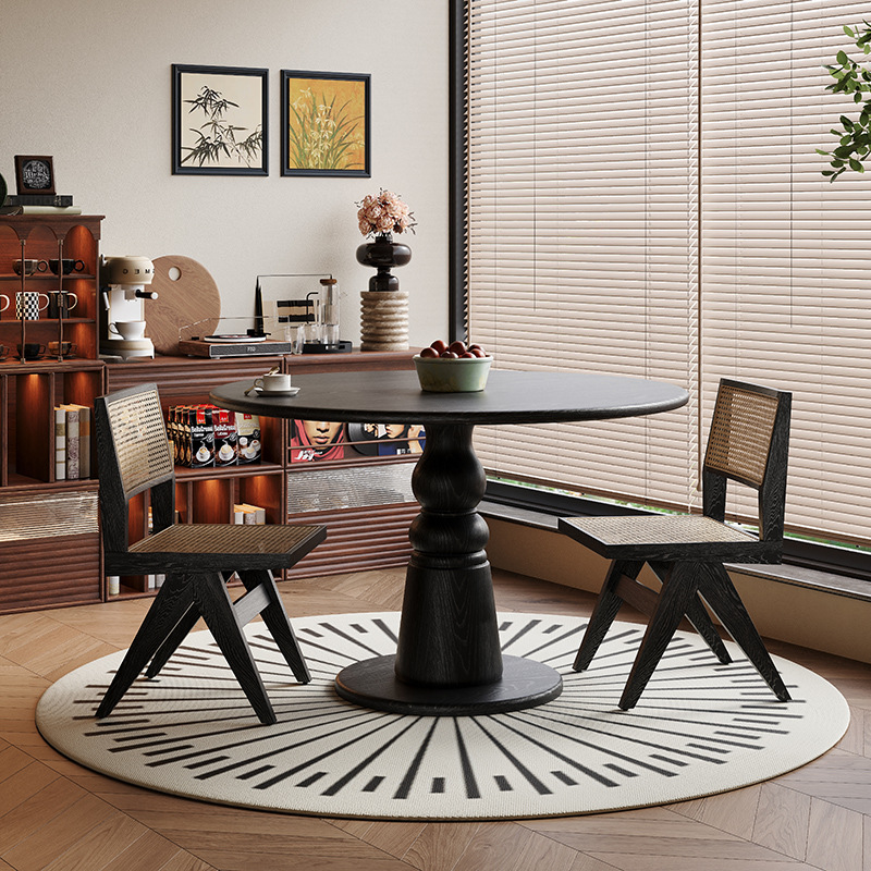 Ash Wood Round Slate Dining Table Simple Small Apartment Pure Black Round Table Retro Lasuto Home Restaurant Dining Table