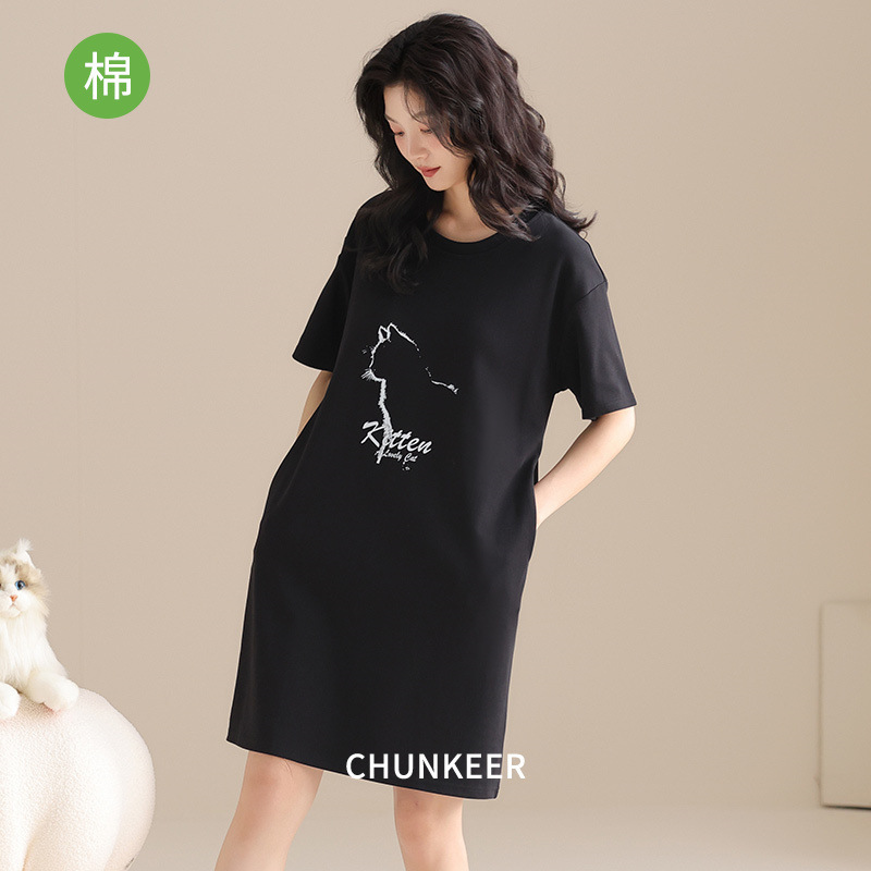 Pure Cotton Nightgown for Women, New Summer Style, Fashionable and Cute Cartoon Plus Size Maternity Short-Sleeved Pajamas That Can Be Worn Outside in Summer