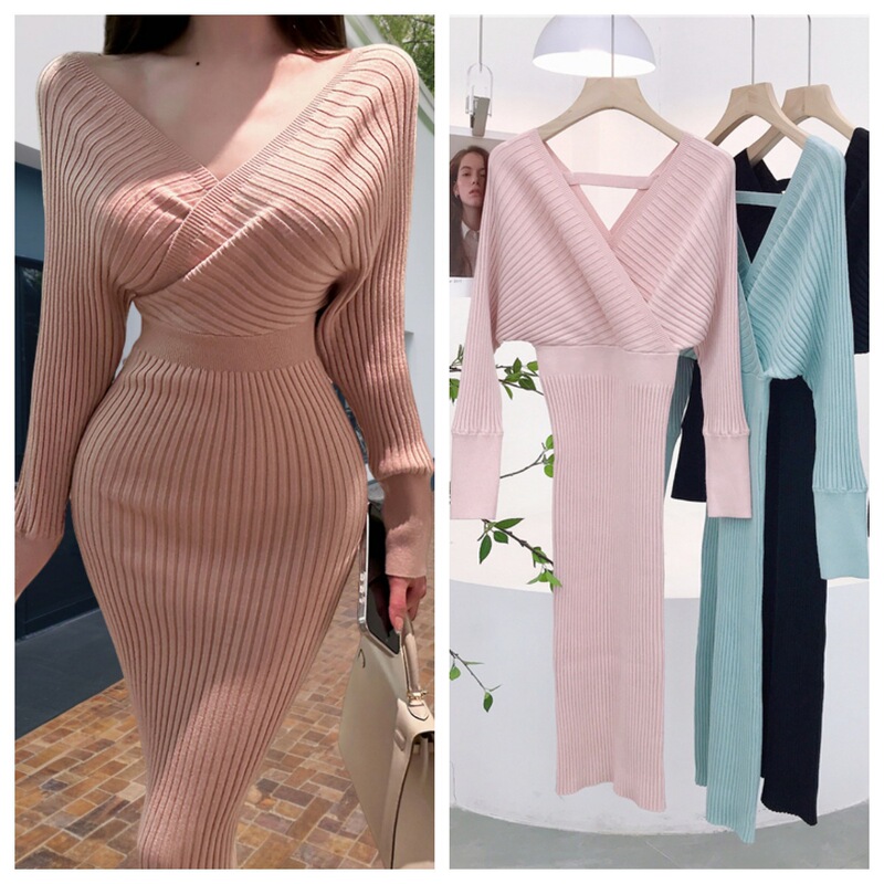8146 Pink Bodycon Dress for Autumn and Winter, Pure and Sexy V-Neck Cross-Back Batwing Sleeve Waist-Cinching Inner Dress 8146 Pink Bodycon Dress for Autumn and Winter, Pure and Sexy V-Neck Cross-Back Batwing Sleeve Waist-Cinching Inner Dress