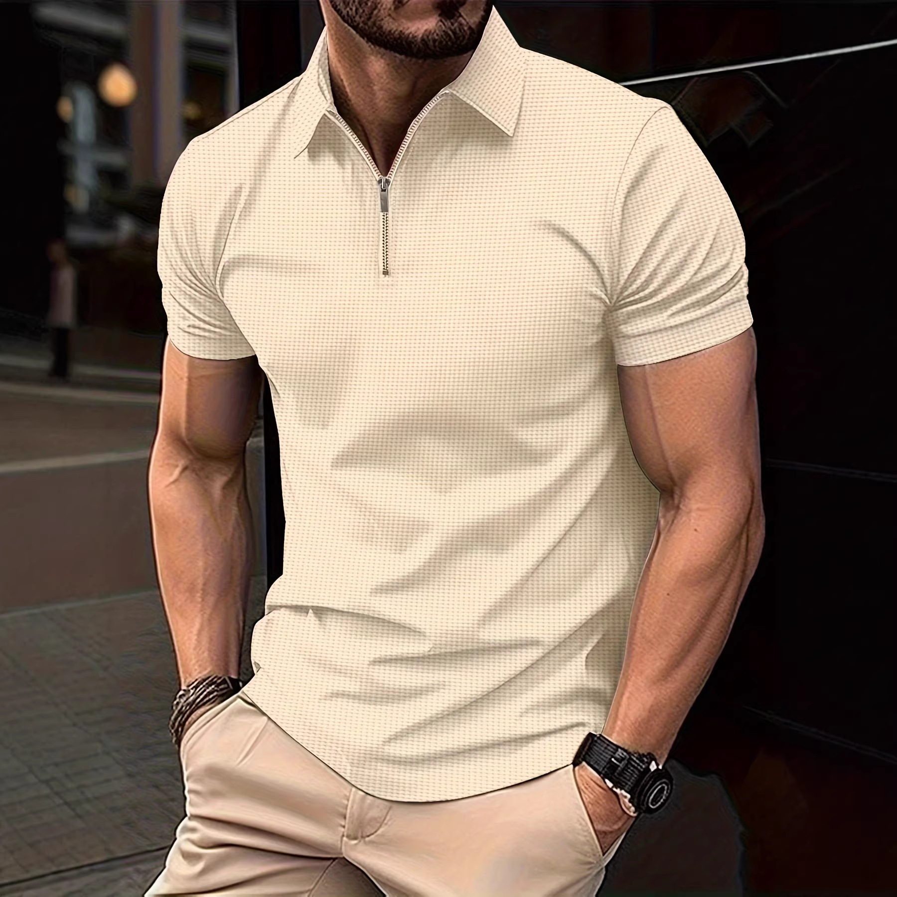 Men's Solid Color Zip Up Short Sleeve Waffle Knit Shirt Breathable Cotton Blend Top In White Black Gray For Summer_viptrois.com