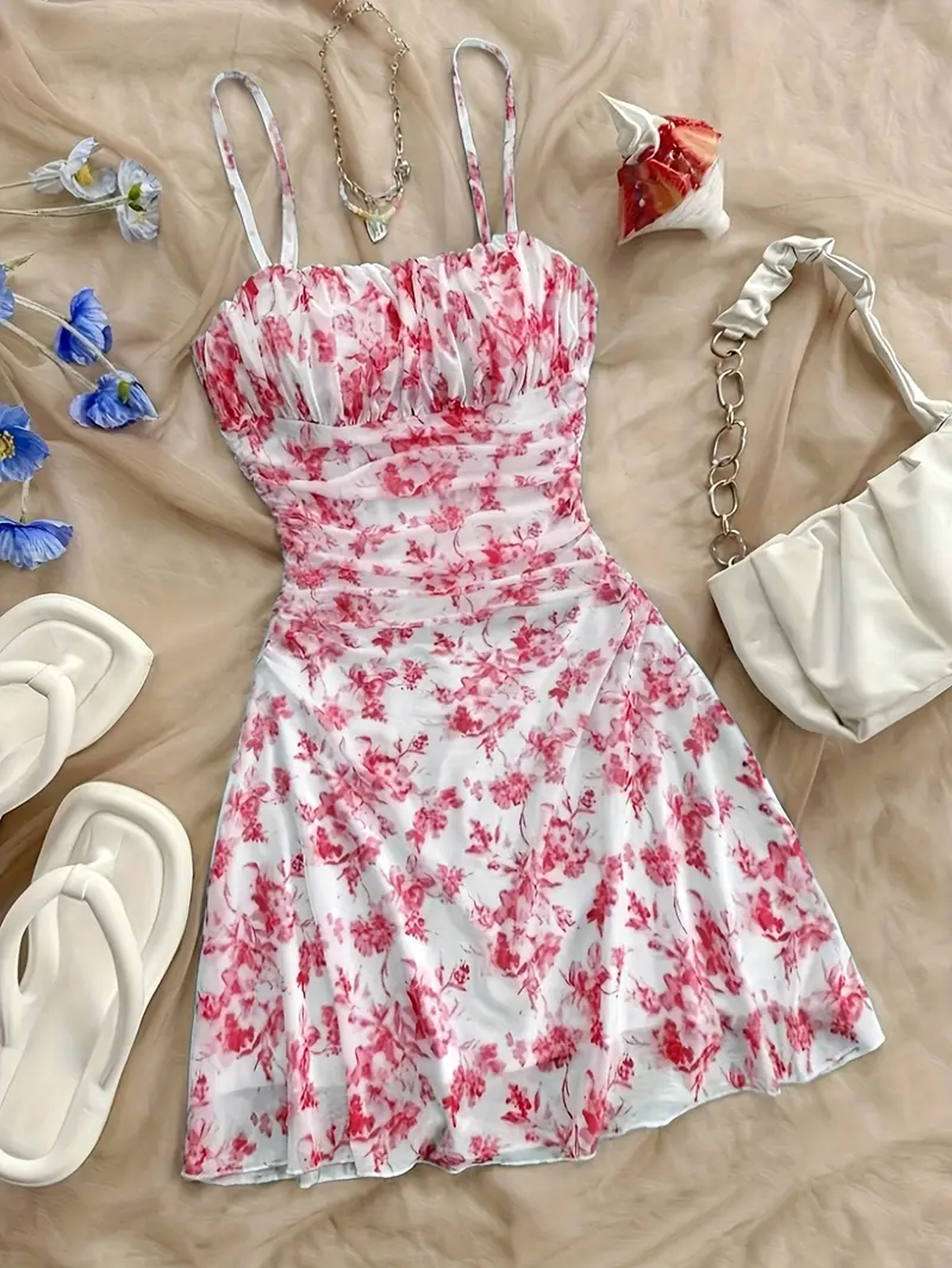 2026 French-Style Floral Spaghetti Strap Dress with Waist-Cinching V-Neck Design, Casual Beach Vacation Dress for Photoshoots at the Seaside