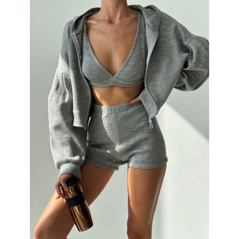 European And American Style Sports Suit Basic Solid Color Hooded Loose Zipper Jacket Small Vest + Shorts Casual_ecoleips.com
