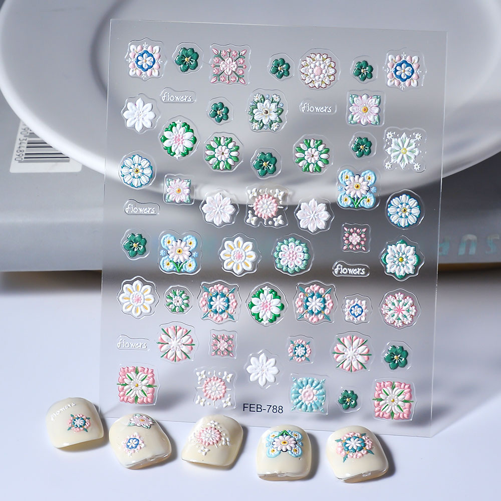 美甲波西米亚风浮雕贴纸彩绘地砖图案 跨境货源 指甲贴饰品贴标贴