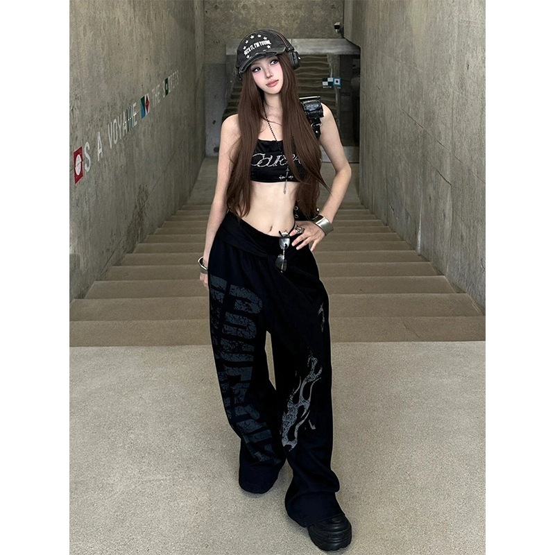 欧美火焰字母印花飘带弯刀卫裤女潮流宽松hiphop嘻哈跳舞爵士裤子|undefined