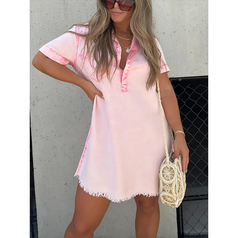 2023 new European and American cross-border Amazon summer hot selling shirt collar denim skirt tassel hem dress short skirt