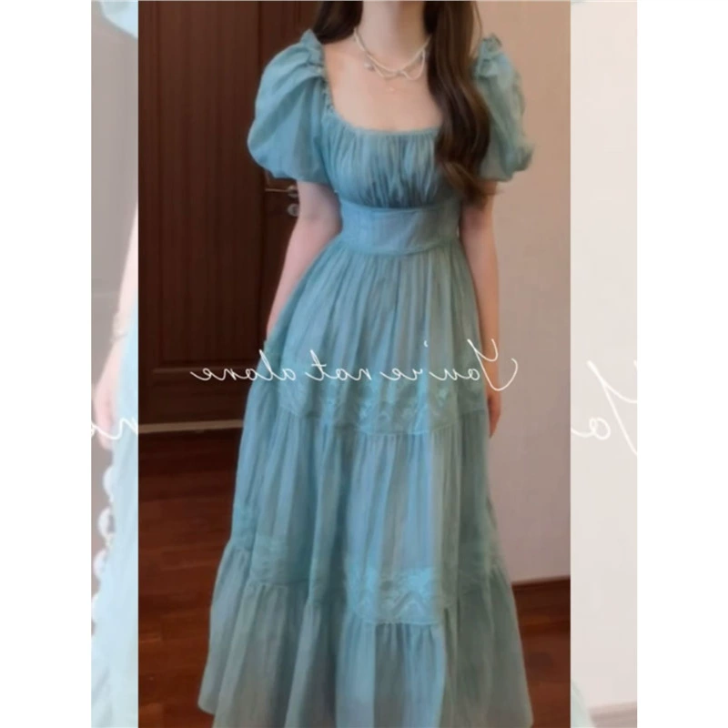 OK-148 французский плиссированный дизайн, голубая длинная юбка с пышными рукавами, летняя милая юбка с уменьшенной талией и большим подолом