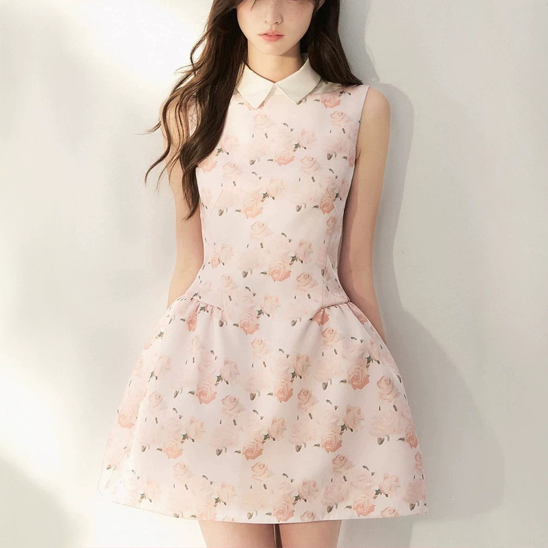 French-Style Oil Painting Rose Print Sleeveless Dress for Women, Summer Satin Puffy Short Skirt, Lapel Vest Dress