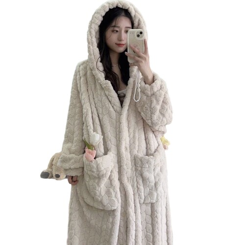 New women's hooded coral fleece pajamas—women's autumn/winter mid-length fleece-lined, thickened, warm loungewear pajama dress.