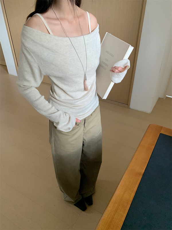 誉一新款2025秋季假两件设计感吊带t恤女显瘦一字肩长袖上衣c1341|undefined