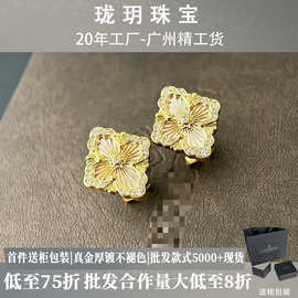歌剧院四叶草耳钉女镀18K金镶钻拉丝单花白贝母耳环复古耳坠花朵