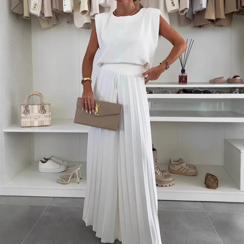 Cross-Border 2025 Foreign Trade Women's Fashion Suit Round Neck Sleeveless Top Pleated Wide Leg Pants Two-Piece Casual Suit