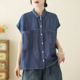 实拍2024年夏季新款牛仔文艺宽松休闲显瘦polo领无袖衬衬上衣女