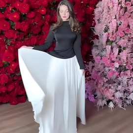 欧美亚马逊2025秋季新款黑白拼接气质褶皱收腰显瘦大摆连衣裙女