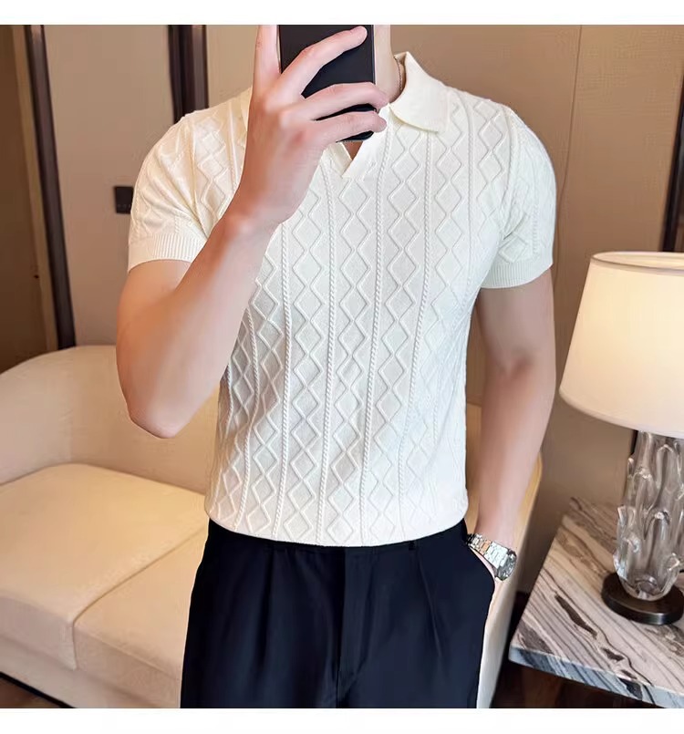 Men's Clothing Plus Size Men's Shirt Style Short Sleeved V Neck Business Collar Cable Knit T-Shirt For Formal & Casual_voghion.com