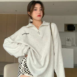 2024秋冬字母刺绣BF风大码宽松中长款立领加绒卫衣女拉链套头外套