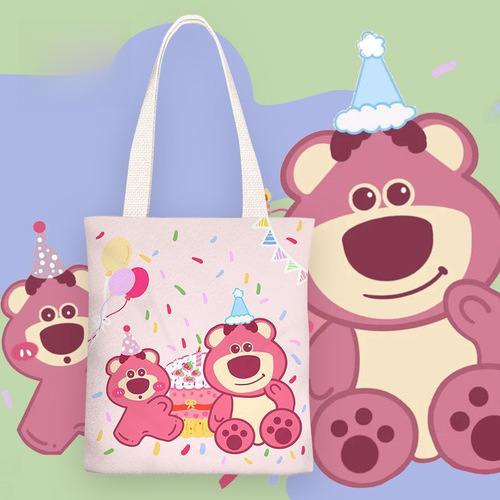  New Strawberry Bear Anime Ins Fresh Canvas Bag for Women Single Shoulder Simple Student School Bag
