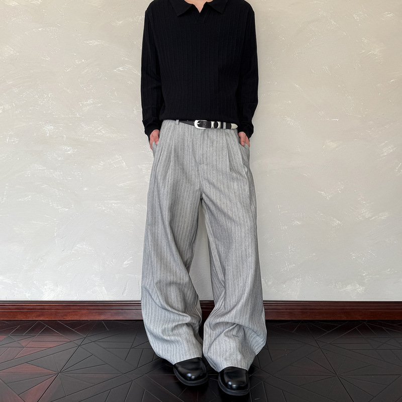 美式复古老钱风条纹休闲裤男春秋新款cleanfit阔腿宽松直筒长裤子|undefined