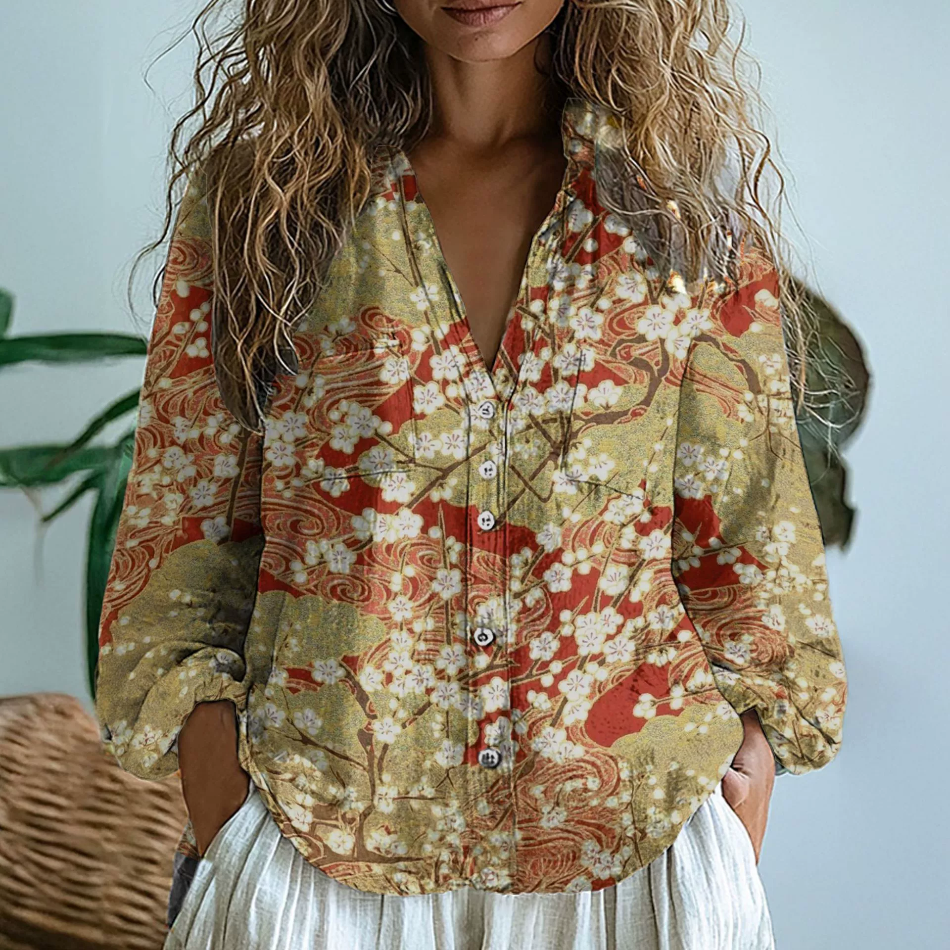 Новая внешнеторговая женская рубашка 2025 года трансграничный топ с v-образным принтом изысканная конопляная рубашка Amazon D