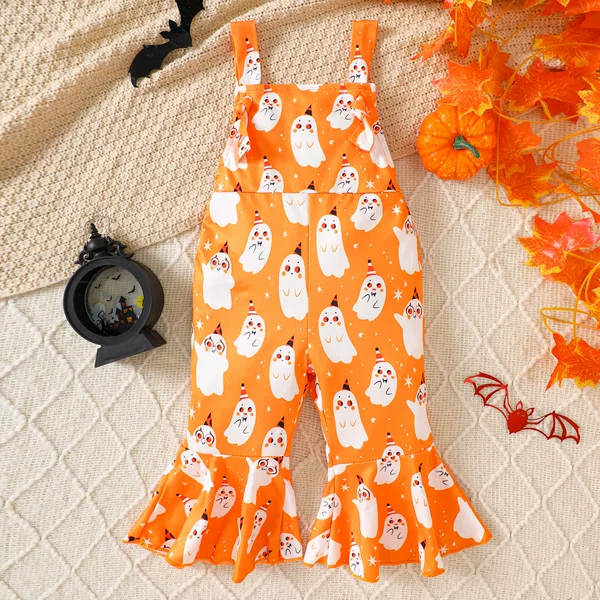 Halloween Children's Clothing for Infants and Young Girls Summer New Sweet Pumpkin Ghost Print Suspender One-Piece Bell Bottoms Wholesale