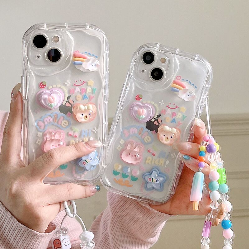 Suitable for iPhone 17 Stereo Wave Rabbit Soft Case, Apple 16/15 Rainbow Ice Cream Bracelet Phone Case