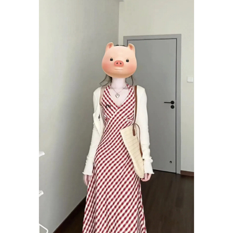 小柄な人向けのレトロなチェック柄のスリムデザインのドレス、高級ホルターネックドレス、女性向けの美しい海辺の休暇スーツ|undefined