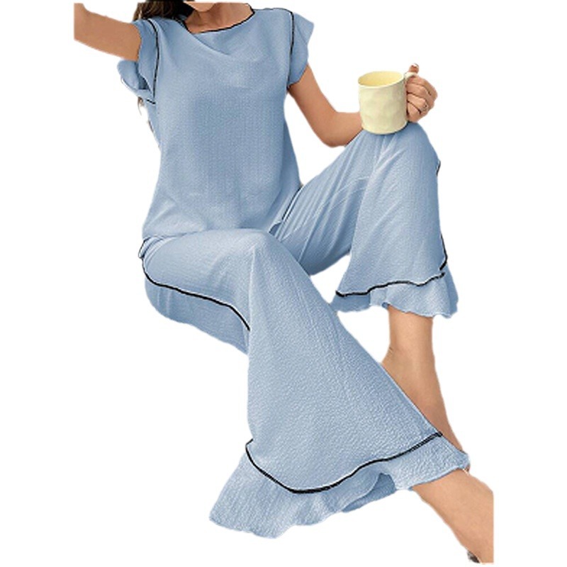 ChicShe Damen-Pyjama-Set mit Rundhalsausschnitt und gekreuzten Bordüren, bequem, für Frühling/Sommer, neue hochwertige Patchwork-Farbblock-Zierelemente, europäischer Stil_voghion.com