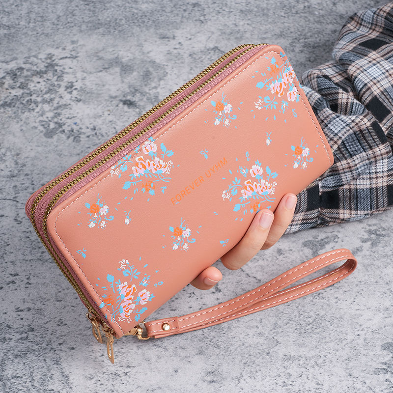 Nuevo estilo de mujer larga doble cremallera estilo coreano estudiantes flores de gran capacidad bolso de teléfono móvil bolso de mano bolso de cambio suave