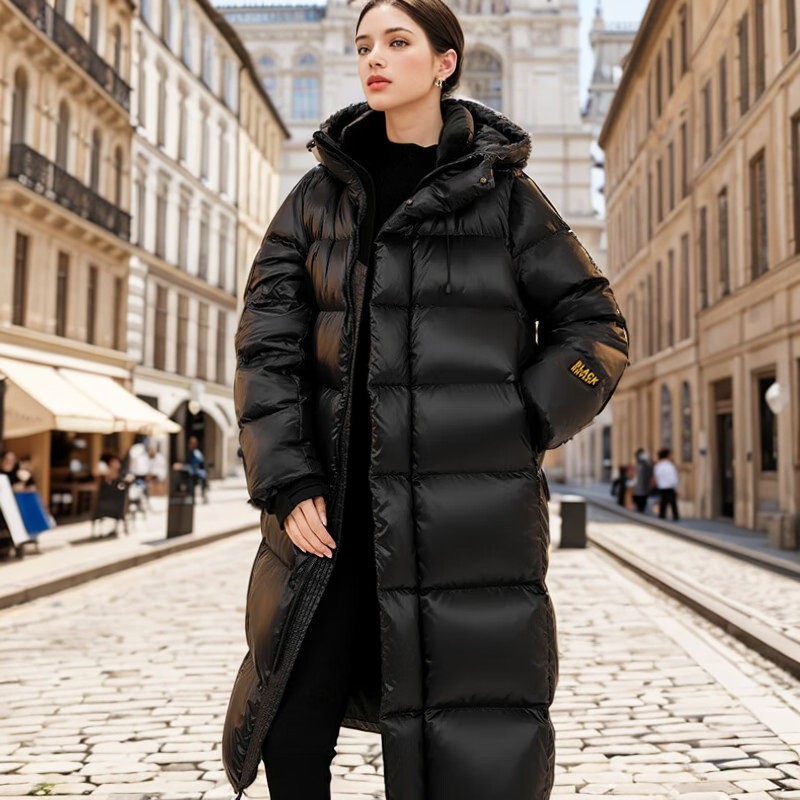 Pinghu abajo chaqueta mujer invierno mujer alta sensación media larga nuevo estilo negro oro coreano chaqueta de pato con capucha HD