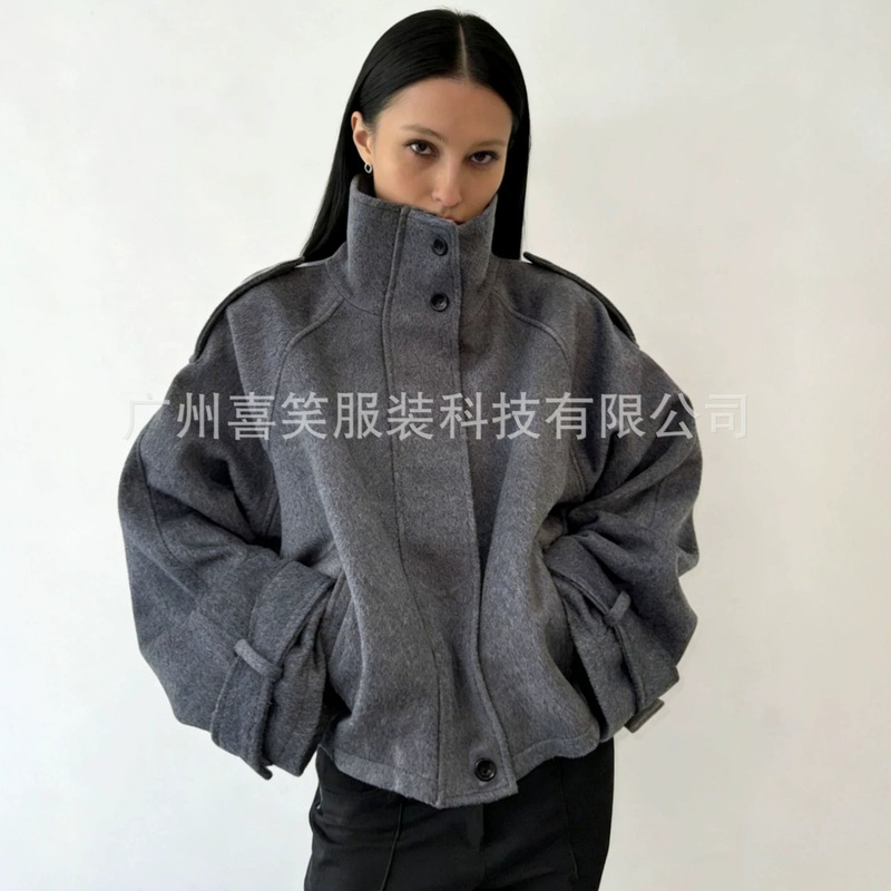 2025 New Autumn and Winter Women's Woolen Outwears Cross-Border European and American European Size Stand-Up Collar Single-Breasted Fashionable Elegant Outwears