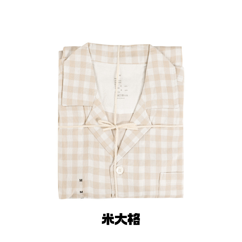 无侧缝春秋睡衣睡裤情侣款家居服 男女日系无印棉双层纱长袖套装|undefined