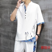 夏季冰丝短袖T恤2023夏装新款休闲中国风套装唐装宽松一套汉服男