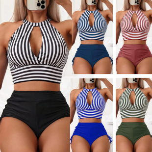2025 New European and American Swimwear Fashion Stripesd Bikini Split Two-Piece Set Amazon Cross-Border Sexy Swimsuit for Women