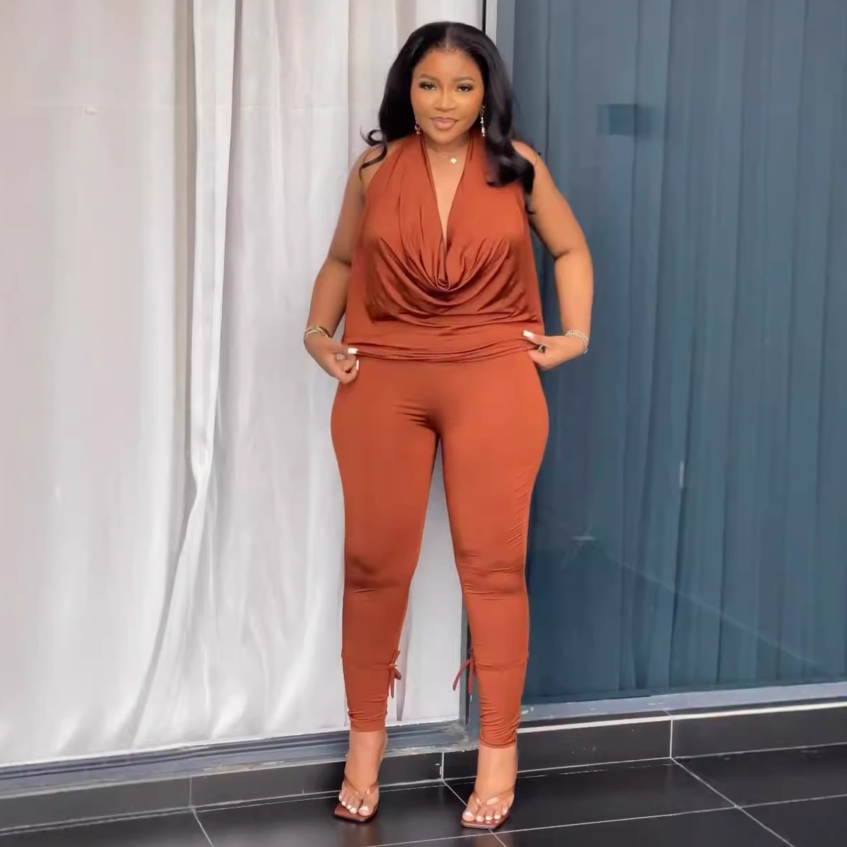 Solid Color Stretch Halter Backless Top Trousers Two Piece Set