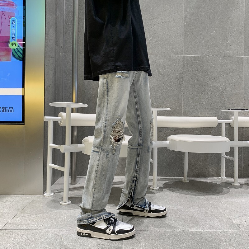 Ripped Denim bf Split Wide Leg Pants Korean-style Harajuku Style Men's Summer Hip-hop Loose Straight Half-zipper Long Pants