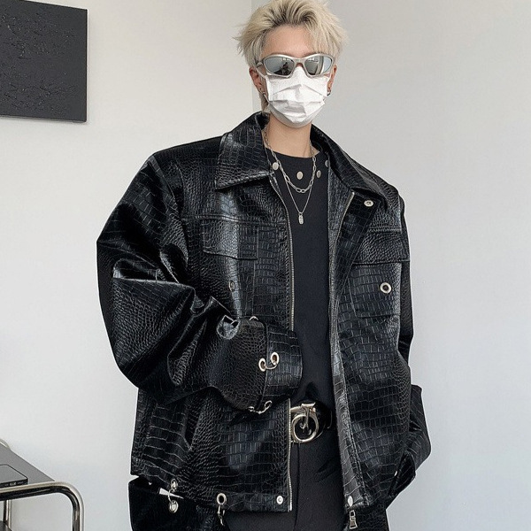 Crocodile Pattern Shoulder Pad Leather Jacket with a Unique Design, Niche European and American Hip-Hop Style, Trendy High-End Retro Men's Coat